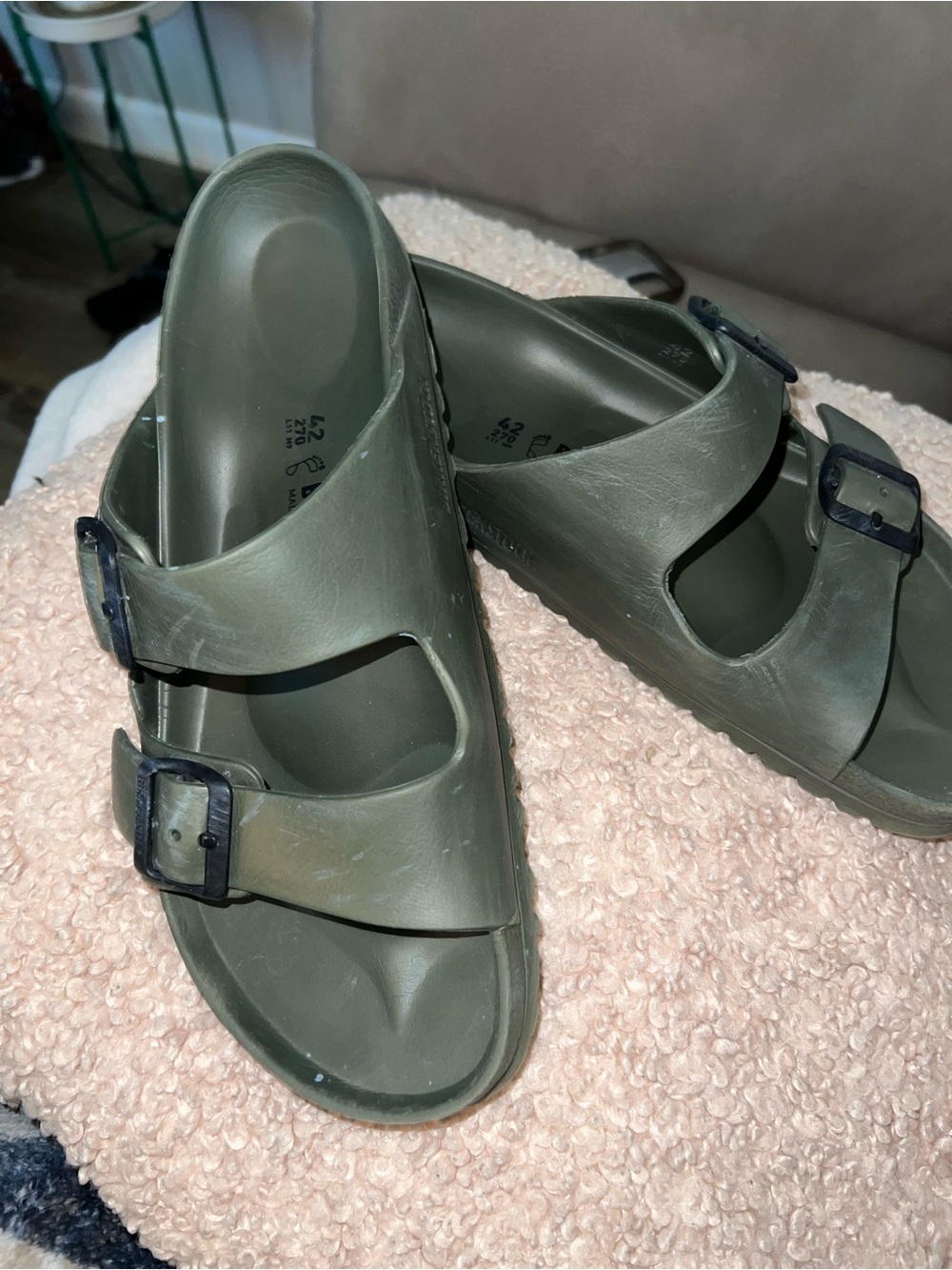 Birkenstock Men's Two-Buckle EVA Slides in Olive Green with Dark Buckles